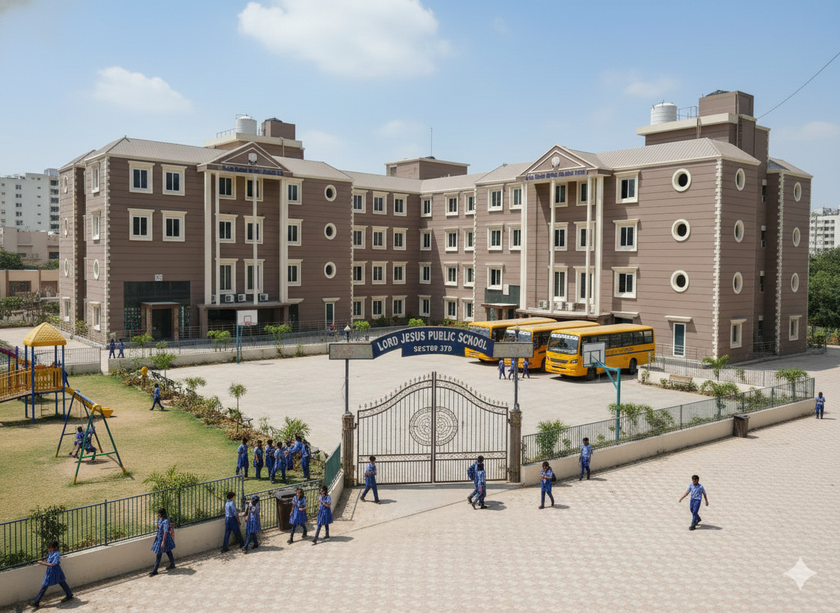 Front view of LJPS 37D school entrance with prominent signage, manicured gardens, and secure gates